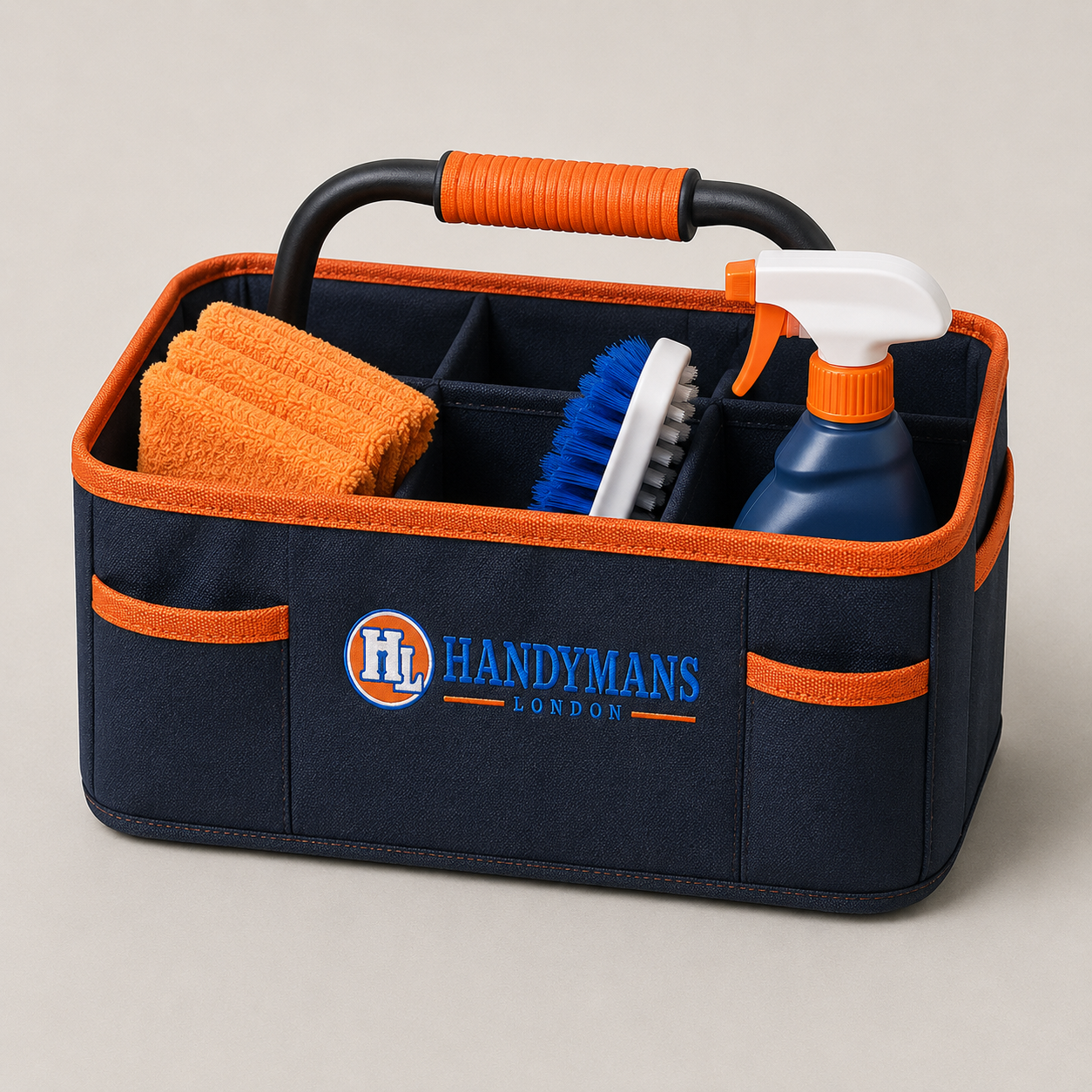 Handymans London Professional Cleaning Caddy – Navy Blue & Orange Multi-Compartment Organiser